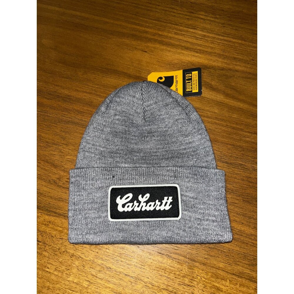 NWT Carhartt Knit Cuffed Script Patch Work Beanie One Size Heather Grey MSRP $24